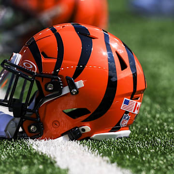 Sep 14, 2025; Cincinnati, Ohio, USA; A general view of the helmet of Cincinnati Bengals running back Chase Brown (30) during warmups before the game against the Jacksonville Jaguars at Paycor Stadium. Mandatory Credit: Katie Stratman-Imagn Images