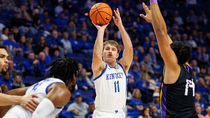 Oct 29, 2024; Lexington, KY, USA; Kentucky Wildcats guard Travis Perry (11) shoots the ball during the second half against the Minnesota State Mavericks at Rupp Arena. Mandatory Credit: Jordan Prather-Imagn Images