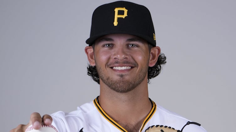 Feb 22, 2023; Bradenton, FL, USA;  Pittsburgh Pirates pitcher Jared Jones (81) poses for photos