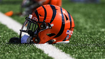 Sep 14, 2025; Cincinnati, Ohio, USA; A general view of the helmet of Cincinnati Bengals running back Chase Brown (30) during warmups before the game against the Jacksonville Jaguars at Paycor Stadium. Mandatory Credit: Katie Stratman-Imagn Images