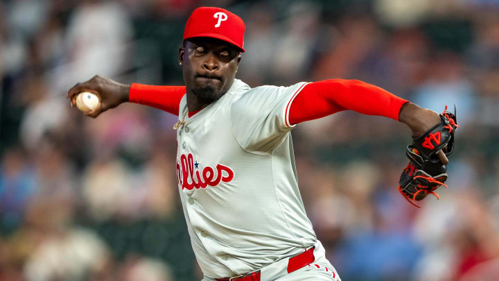 Jul 22, 2024; Minneapolis, Minnesota, USA; Philadelphia Phillies pitcher Yunior Marte (43) delivers a pitch against the Minnesota Twins in the eighth inning at Target Field