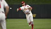 Sep 16, 2025; St. Louis, Missouri, USA; St. Louis Cardinals second baseman Brendan Donovan (33) throws out Cincinnati Reds first baseman Sal Stewart (43) (not pictured) at first base in the sixth inning at Busch Stadium. Mandatory Credit: Joe Puetz-Imagn Images