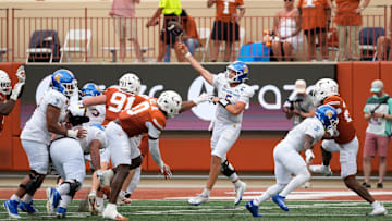 Sep 6, 2025; Austin, Texas, USA; San Jose State Spartans quarterback Walker Eget (5) passes the ball during the second half against the Texas Longhorns at Darrell K Royal-Texas Memorial Stadium. Mandatory Credit: Scott Wachter-Imagn Images