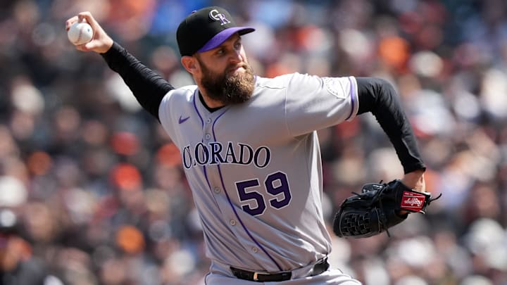 May 3, 2025; San Francisco, California, USA; Colorado Rockies relief pitcher Jake Bird (59) throws a pitch against the San Francisco Giants during the seventh inning at Oracle Park.
