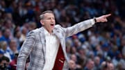 Alabama head coach Nate Oats works the sideline against Florida during the first half of their quarterfinal game of the SEC Men's Basketball Tournament at Bridgestone Arena in Nashville, Tenn., Saturday, March 15, 2025.