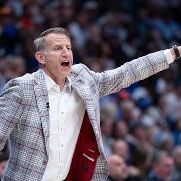 Alabama head coach Nate Oats works the sideline against Florida during the first half of their quarterfinal game of the SEC Men's Basketball Tournament at Bridgestone Arena in Nashville, Tenn., Saturday, March 15, 2025.