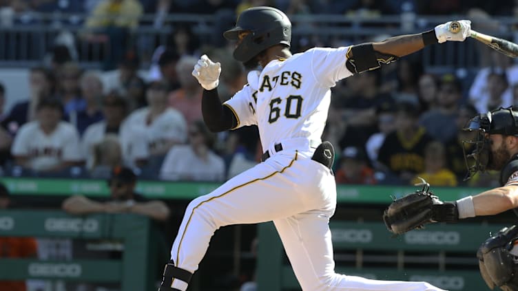 Jun 18, 2022; Pittsburgh, Pennsylvania, USA; Pittsburgh Pirates shortstop Liover Peguero (60) hits a