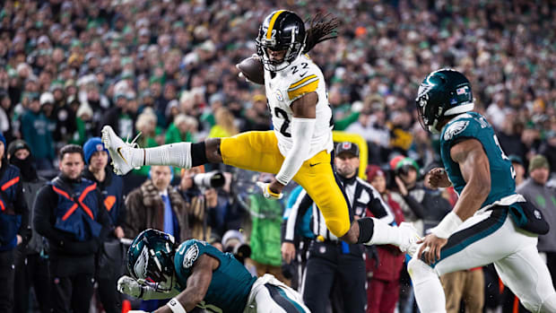 Pittsburgh Steelers running back Najee Harris (22) leaps over Philadelphia Eagles safety C.J. Gardner-Johnson (8)