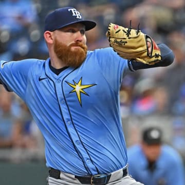 Jul 2, 2024; Kansas City, Missouri, USA; Tampa Bay Rays starting pitcher Zack Littell (52) delivers a pitch against the Kansas City Royals in the first inning at Kauffman Stadium.