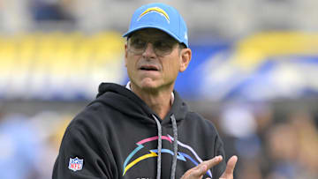 Oct 27, 2024; Inglewood, California, USA;  Los Angeles Chargers head coach Jim Harbaugh on the field prior to the game against the Los Angeles Chargers at SoFi Stadium. Mandatory Credit: Jayne Kamin-Oncea-Imagn Images