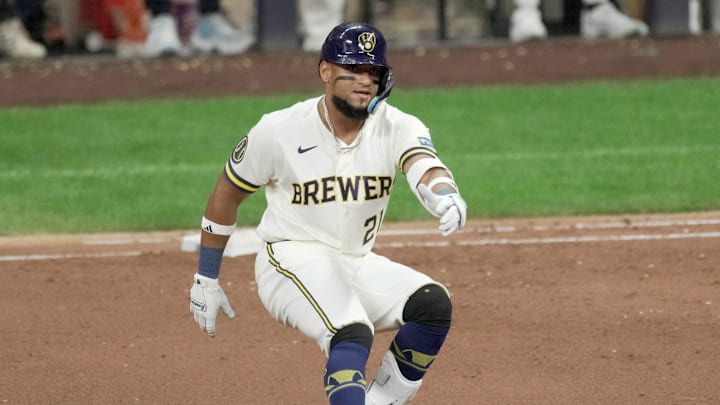 Milwaukee Brewers right fielder Luis Matos (21) rounds first base after hitting a single during the sixth inning of their game against the Toronto Blue Jays Tuesday, April 14, 2026 at American Family Field in Milwaukee, Wisconsin.