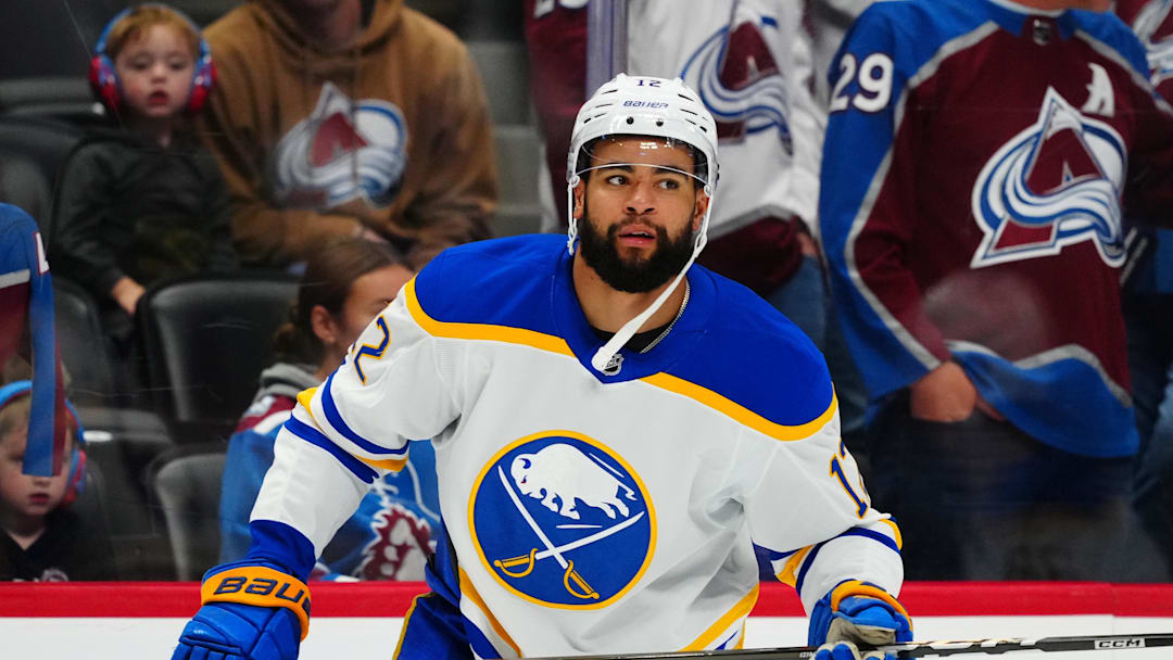 Nov 13, 2025; Denver, Colorado, USA; Buffalo Sabres left wing Jordan Greenway (12) before a game against the Colorado Avalanche at Ball Arena. Mandatory Credit: Ron Chenoy-Imagn Images