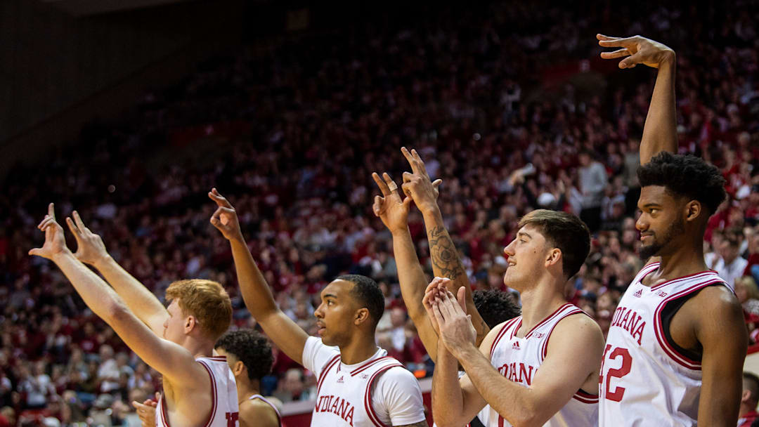 Indiana's bench celebrates an Mgbako three-pointer during the Indiana versus Chattanooga men's basketball game at Simon Skjodt Assembly Hall on Saturday, Dec. 21, 2204.