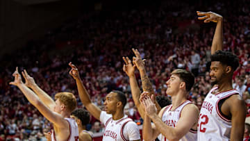 Indiana's bench celebrates an Mgbako three-pointer during the Indiana versus Chattanooga men's basketball game at Simon Skjodt Assembly Hall on Saturday, Dec. 21, 2204.