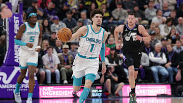 Jan 15, 2025; Salt Lake City, Utah, USA;  Charlotte Hornets guard LaMelo Ball (1) dribbles against the Utah Jazz during the second quarter at Delta Center. Mandatory Credit: Chris Nicoll-Imagn Images