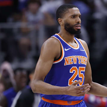 Apr 24, 2025; Detroit, Michigan, USA; New York Knicks forward Mikal Bridges (25) reacts during the second half against the Detroit Pistons during game three of first round for the 2024 NBA Playoffs at Little Caesars Arena. Mandatory Credit: Rick Osentoski-Imagn Images