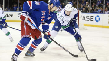 Jan 8, 2024; New York, New York, USA;  New York Rangers left wing Chris Kreider (20) and Vancouver