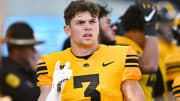 Oct 21, 2023; Iowa City, Iowa, USA; Iowa Hawkeyes defensive back Cooper DeJean (3) reacts during the second quarter against the Minnesota Golden Gophers at Kinnick Stadium.