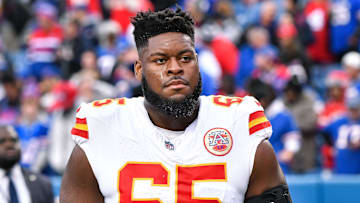 Nov 17, 2024; Orchard Park, New York, USA; Kansas City Chiefs guard Trey Smith (65) leaves the field after warm ups before a game against the Buffalo Bills at Highmark Stadium.