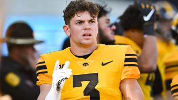 Oct 21, 2023; Iowa City, Iowa, USA; Iowa Hawkeyes defensive back Cooper DeJean (3) reacts during the second quarter against the Minnesota Golden Gophers at Kinnick Stadium.