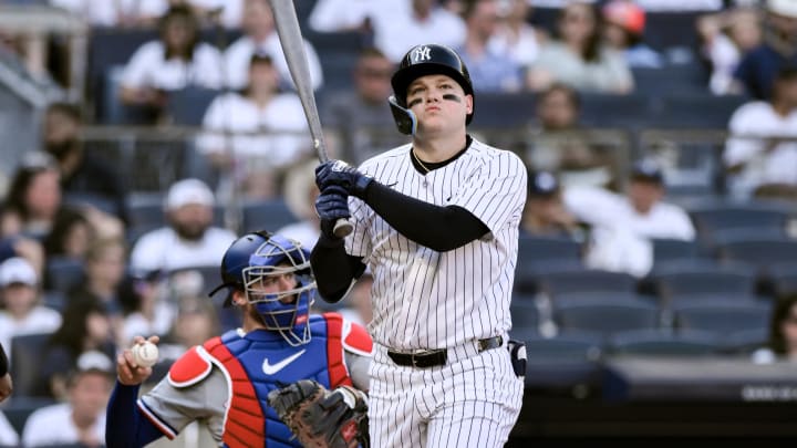 Aug 10, 2024; Bronx, New York, USA; New York Yankees outfielder Alex Verdugo (24) reacts during the third inning against the Texas Rangers at Yankee Stadium. Mandatory Credit: John Jones-USA TODAY Sports