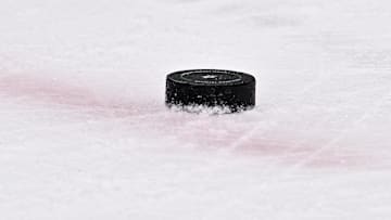 May 11, 2025; Dallas, Texas, USA; A view of an NHL puck with logo during the game between the Dallas Stars and the Winnipeg Jets in game three of the second round of the 2025 Stanley Cup Playoffs at American Airlines Center. Mandatory Credit: Jerome Miron-Imagn Images