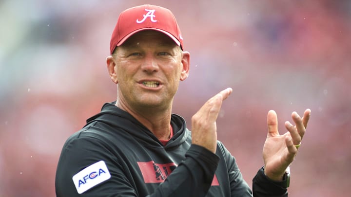 Aug 31, 2024; Tuscaloosa, Alabama, USA;  Alabama Crimson Tide head coach Kalen DeBoer coaches his players during warm ups before their game against the Western Kentucky Hilltoppers at Bryant-Denny Stadium. Mandatory Credit: Will McLelland-Imagn Images