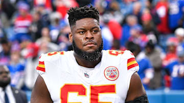 Nov 17, 2024; Orchard Park, New York, USA; Kansas City Chiefs guard Trey Smith (65) leaves the field after warm ups before a game against the Buffalo Bills at Highmark Stadium. Mandatory Credit: Mark Konezny-Imagn Images