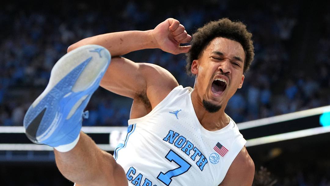 Feb 28, 2026; Chapel Hill, North Carolina, USA; North Carolina Tar Heels guard Seth Trimble (7) reacts after scoring in the second half at Dean E. Smith Center. Mandatory Credit: Bob Donnan-Imagn Images