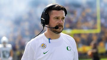 Nov 18, 2023; Tempe, Arizona, USA; Oregon Ducks head coach Dan Lanning against the Arizona State Sun Devils at Mountain America Stadium. Mandatory Credit: Mark J. Rebilas-Imagn Images