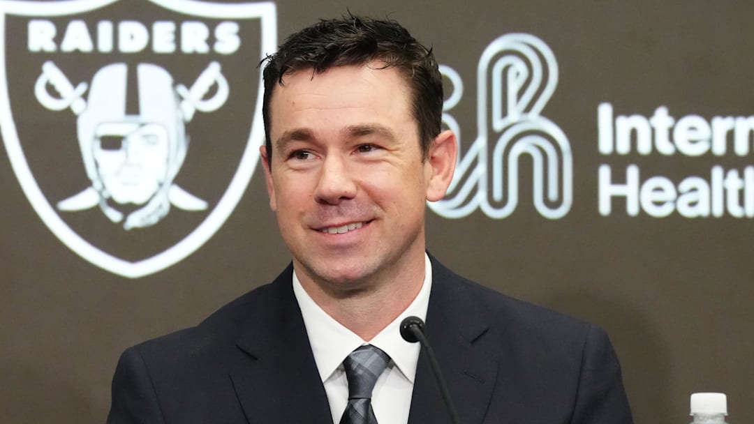 Feb 10, 2026; Henderson, NV, USA; Las Vegas Raiders coach Klint Kubiak speaks at introductory press conference at Intermountain Health Performance Center. Mandatory Credit: Kirby Lee-Imagn Images