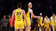 Aug 29, 2025; Los Angeles, California, USA; Los Angeles Sparks guard Kelsey Plum (10) and forward Dearica Hamby (5, right) walk back to the bench during the second half against the Indiana Fever at Crypto.com Arena. Mandatory Credit: Kiyoshi Mio-Imagn Images