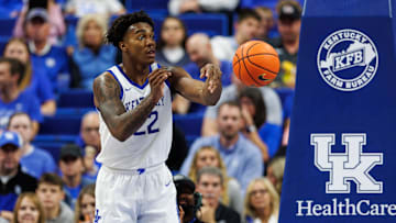 Oct 23, 2024; Lexington, KY, USA; Kentucky Wildcats center Amari Williams (22) inbounds the ball during the second half against the Kentucky Wesleyan Panthers at Rupp Arena at Central Bank Center. Mandatory Credit: Jordan Prather-Imagn Images