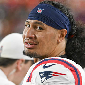 Aug 25, 2024; Landover, Maryland, USA;  New England Patriots linebacker Jahlani Tavai (48) during the first half against the Washington Commanders at Commanders Field. Mandatory Credit: Tommy Gilligan-Imagn Images