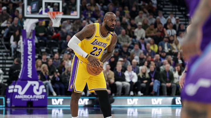 Feb 12, 2025; Salt Lake City, Utah, USA; Los Angeles Lakers forward LeBron James (23) controls the ball during the first quarter against the Utah Jazz at Delta Center. Mandatory Credit: Chris Nicoll-Imagn Images