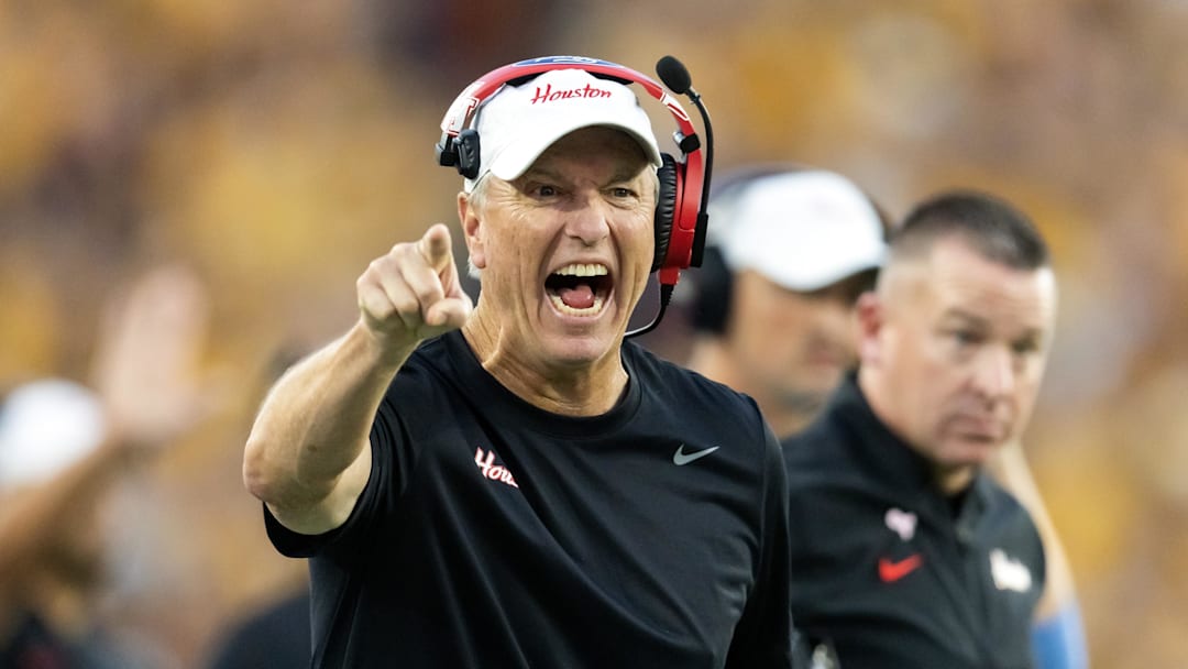 Oct 25, 2025; Tempe, Arizona, USA; Houston Cougars head coach Willie Fritz reacts against the Arizona State Sun Devils at Mountain America Stadium. Mandatory Credit: Mark J. Rebilas-Imagn Images