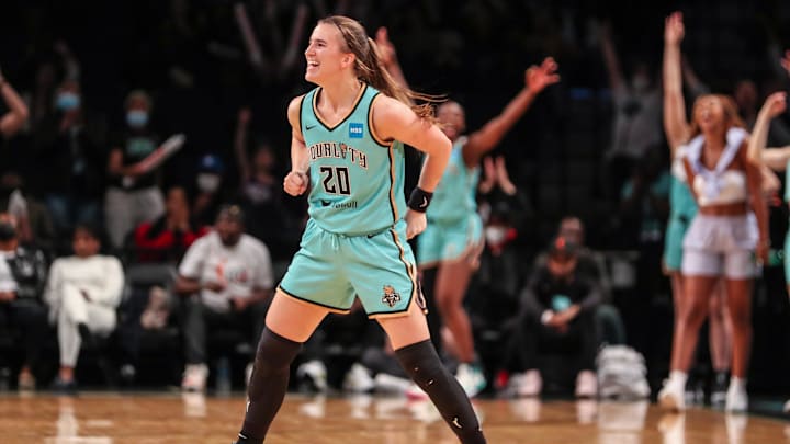 Jun 1, 2022; Brooklyn, New York, USA;  New York Liberty guard Sabrina Ionescu (20) celebrates at Barclays Center.