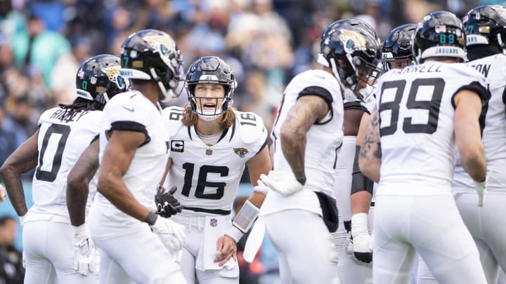 Jan 7, 2024; Nashville, Tennessee, USA;  Jacksonville Jaguars quarterback Trevor Lawrence (16) calls the play to the huddle against the Tennessee Titans during the first half at Nissan Stadium. Mandatory Credit: Steve Roberts-USA TODAY Sports