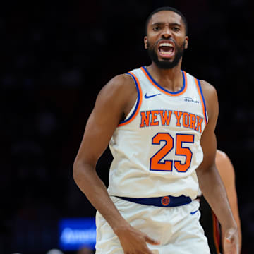 Oct 26, 2025; Miami, Florida, USA; New York Knicks guard Mikal Bridges (25) reacts against the Miami Heat during the first quarter at Kaseya Center. Mandatory Credit: Sam Navarro-Imagn Images