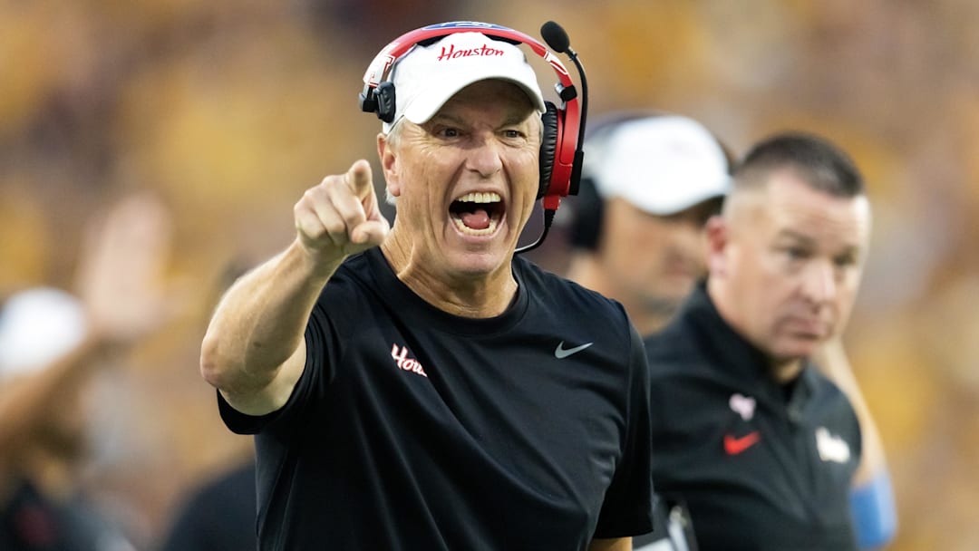 Oct 25, 2025; Tempe, Arizona, USA; Houston Cougars head coach Willie Fritz reacts against the Arizona State Sun Devils at Mountain America Stadium. Mandatory Credit: Mark J. Rebilas-Imagn Images