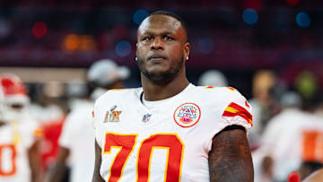 Feb 9, 2025; New Orleans, LA, USA;  Kansas City Chiefs offensive tackle D.J. Humphries (70) against the Philadelphia Eagles in Super Bowl LIX at Ceasars Superdome. Mandatory Credit: Mark J. Rebilas-Imagn Images