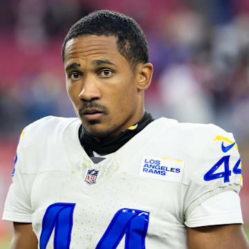 Nov 26, 2023; Glendale, Arizona, USA; Los Angeles Rams cornerback Ahkello Witherspoon (44) against the Arizona Cardinals at State Farm Stadium. Mandatory Credit: Mark J. Rebilas-Imagn Images