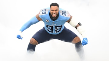 Dec 8, 2024; Nashville, Tennessee, USA;  Tennessee Titans defensive tackle Jeffery Simmons (98) takes the field against the Jacksonville Jaguars during the first half at Nissan Stadium.