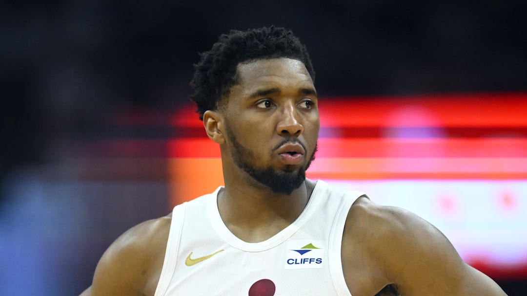 May 11, 2024; Cleveland, Ohio, USA; Cleveland Cavaliers guard Donovan Mitchell (45) stands on the court in the second quarter of game three of the second round of the 2024 NBA playoffs against the Boston Celtics at Rocket Mortgage FieldHouse. Mandatory Credit: David Richard-USA TODAY Sports