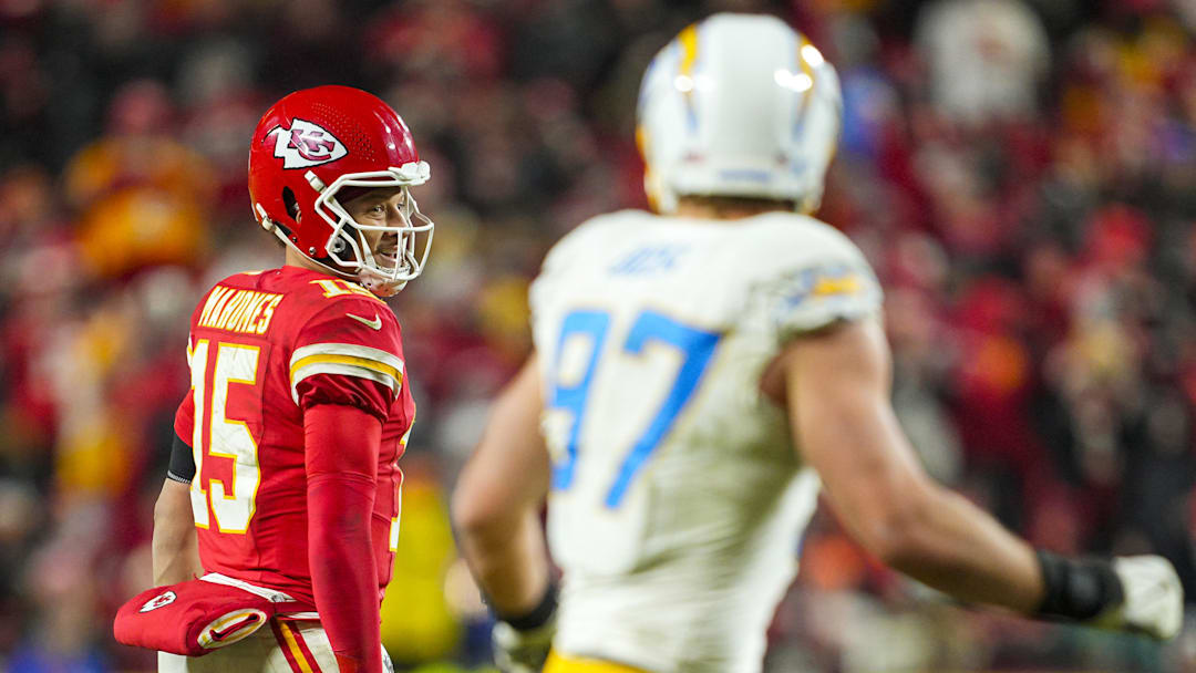 Dec 8, 2024; Kansas City, Missouri, USA; Kansas City Chiefs quarterback Patrick Mahomes (15) reacts after a first down during the second half against the Los Angeles Chargers at GEHA Field at Arrowhead Stadium. Mandatory Credit: Jay Biggerstaff-Imagn Images