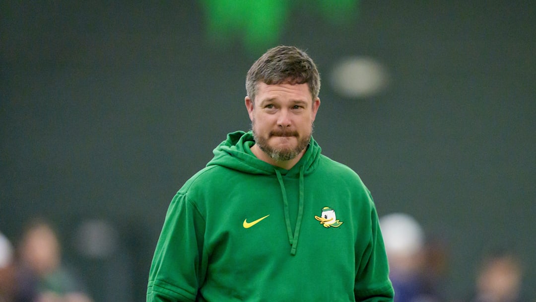 Oregon head coach Dan Lanning attends Oregon Pro Day on March 17, 2026, at the Moshofsky Center in Eugene, Oregon.