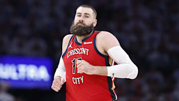 Apr 24, 2024; Oklahoma City, Oklahoma, USA; New Orleans Pelicans center Jonas Valanciunas (17) runs down the court after scoring against the Oklahoma City Thunder during the second half of game two of the first round for the 2024 NBA playoffs at Paycom Center. Mandatory Credit: Alonzo Adams-Imagn Images
