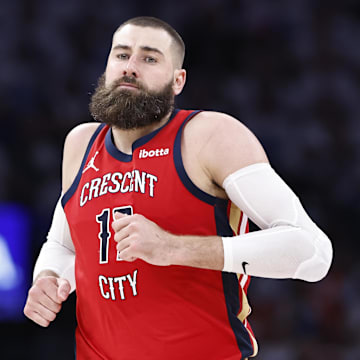 Apr 24, 2024; Oklahoma City, Oklahoma, USA; New Orleans Pelicans center Jonas Valanciunas (17) runs down the court after scoring against the Oklahoma City Thunder during the second half of game two of the first round for the 2024 NBA playoffs at Paycom Center. Mandatory Credit: Alonzo Adams-Imagn Images