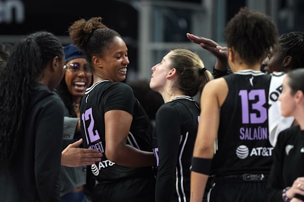 Golden State Valkyries center Iliana Rupert is congratulated by guard Kate Martin.