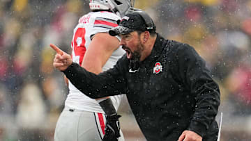 Ohio State Buckeyes head coach Ryan Day yells during the NCAA football game against the Michigan Wolverines at Michigan Stadium in Ann Arbor, Mich. on Nov. 29, 2025. Ohio State won 27-9.
